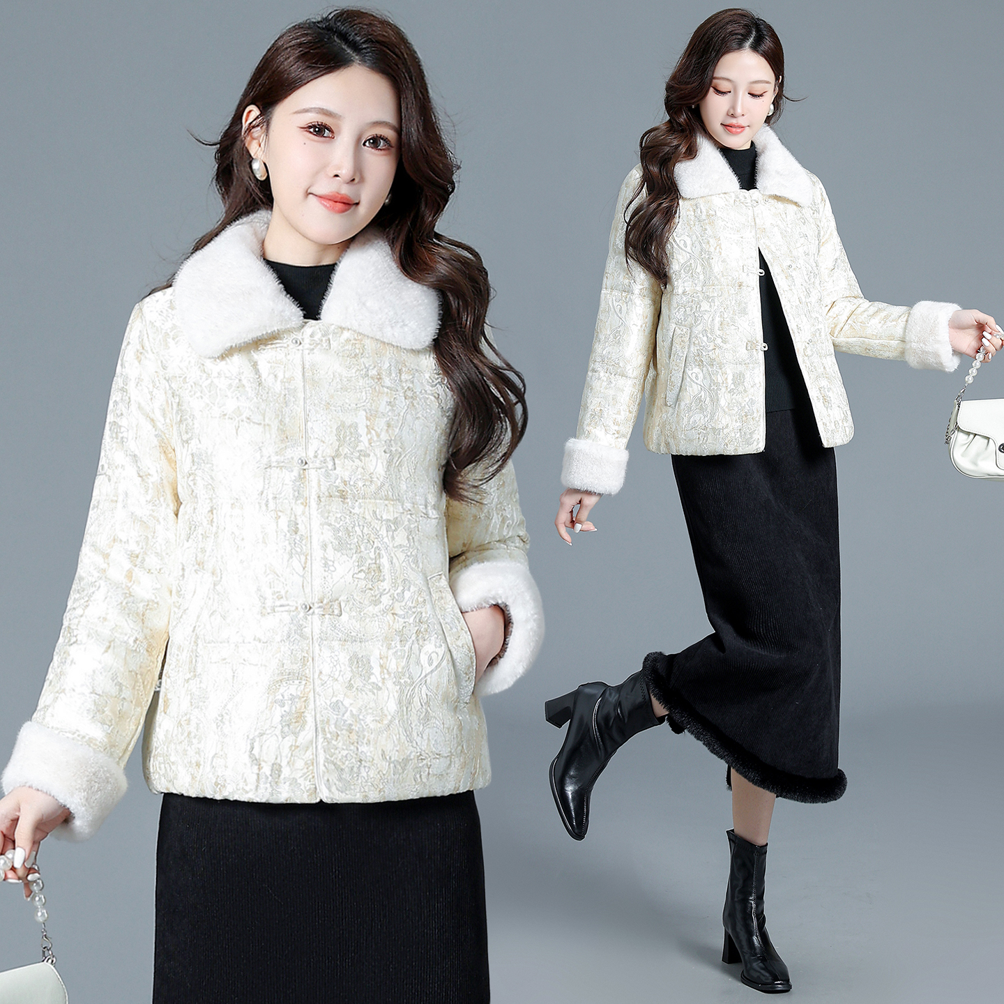 毛领提花羊绒服填充羊毛棉衣国风夹棉外套2025年冬季新款中式棉服