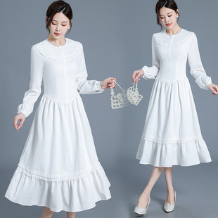 法式温柔风白色天丝棉连衣裙女长袖系带收腰荷叶边裙优雅长裙