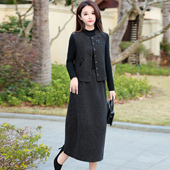 呢子马夹针织长袖 套裙 女装 小衫 松紧腰后开叉灯笼裙三件套时尚