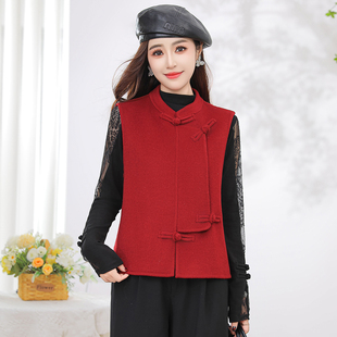双面羊毛呢红色马甲盘扣中式双面呢马夹叠穿保暖洋气立领坎肩