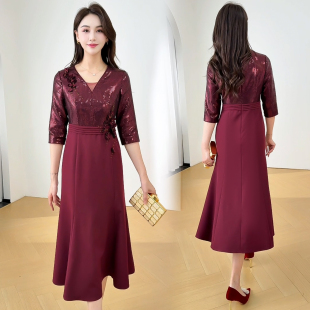 高级感V领中袖 连衣裙女高腰线收腰裙后中拉链礼服裙大摆裙