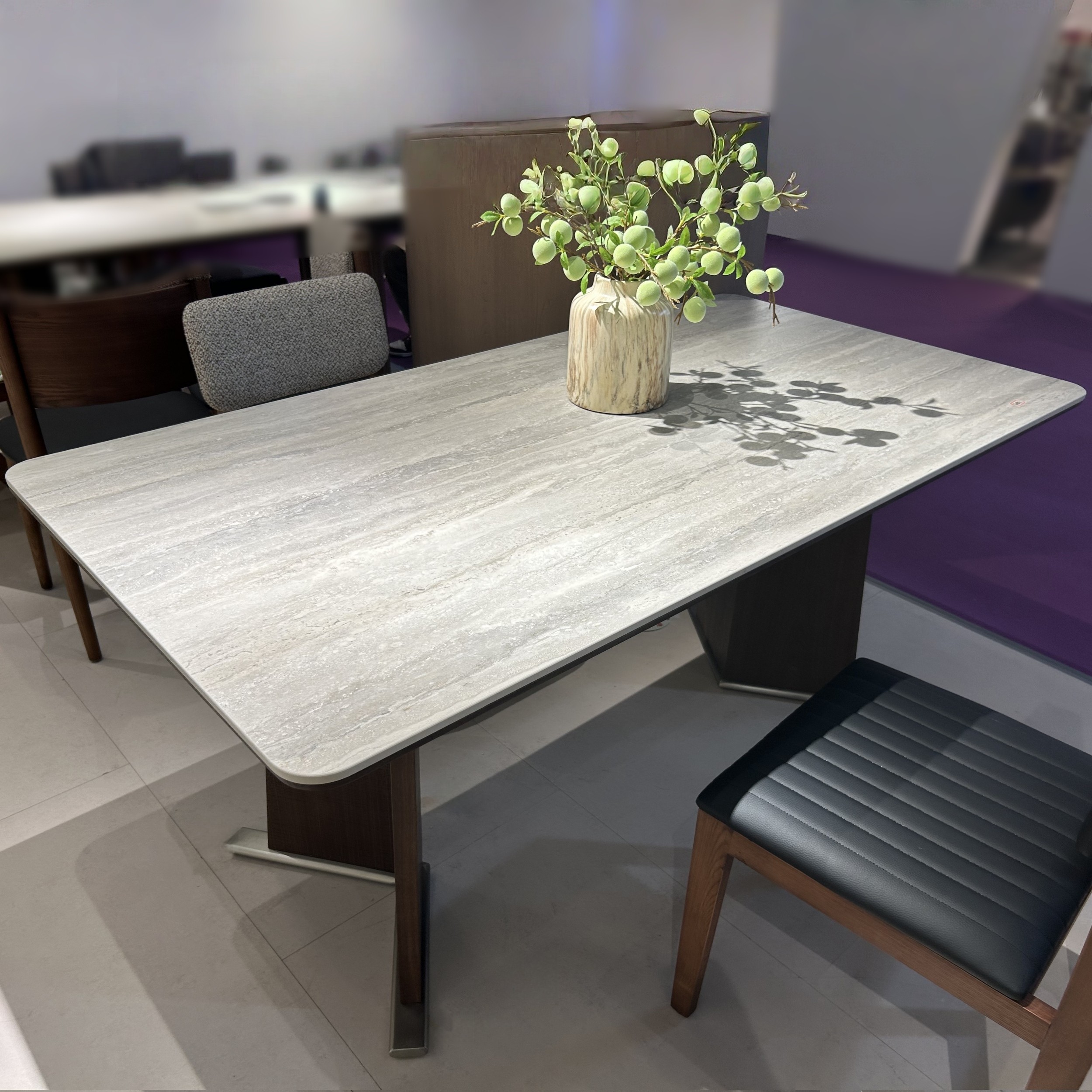 CZ221洞石岩板长餐桌1.4米1.6米胡桃色中古风餐桌微晶石面餐台