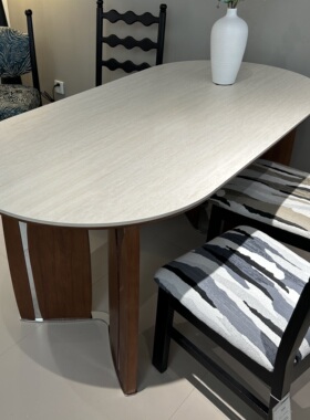 CZ082岩板长餐桌1.6米侘寂复古椭圆形中古风奶油风实木靠墙餐桌