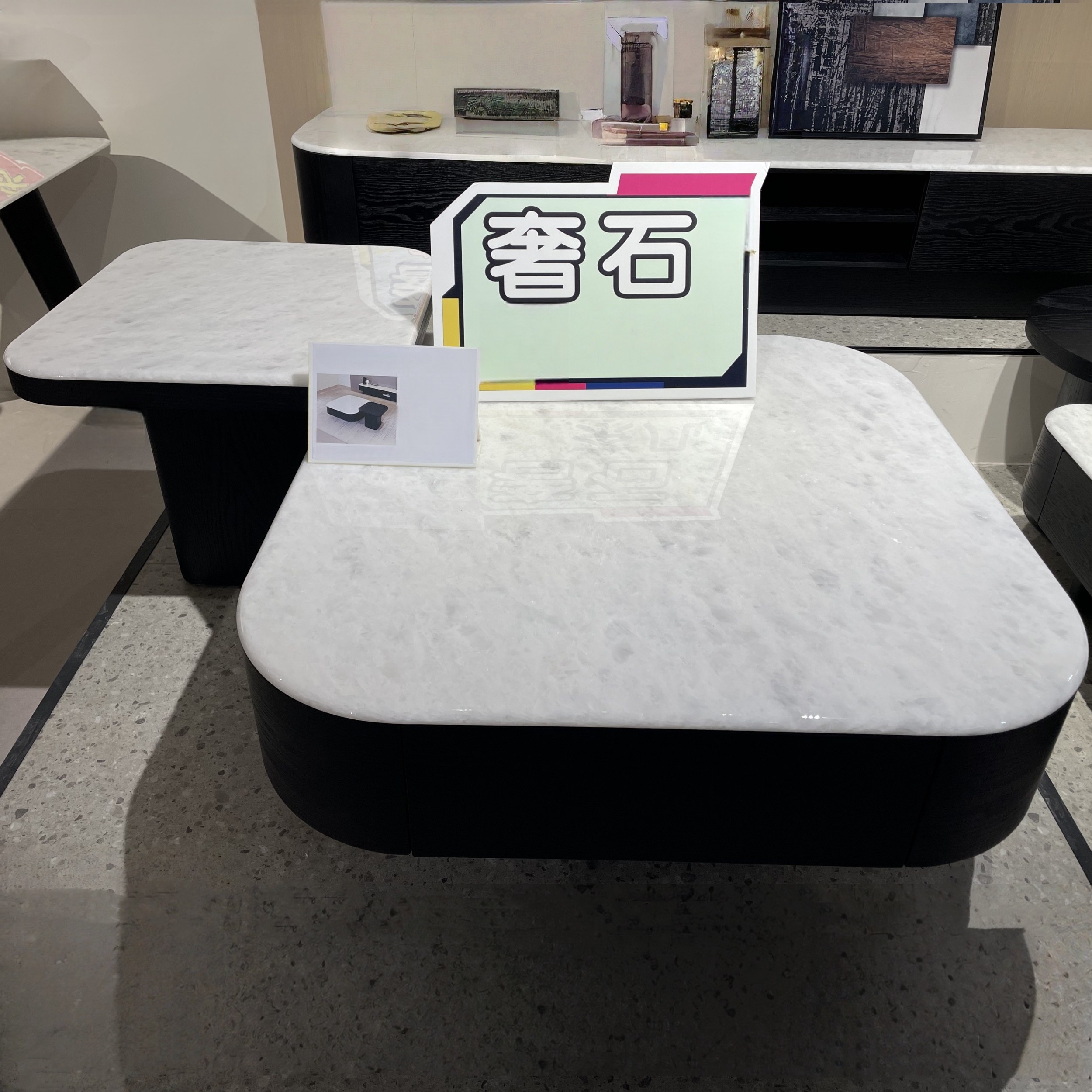FD603天然大理石组合茶几奢石钻石白大理石90cm正方形微晶石茶几