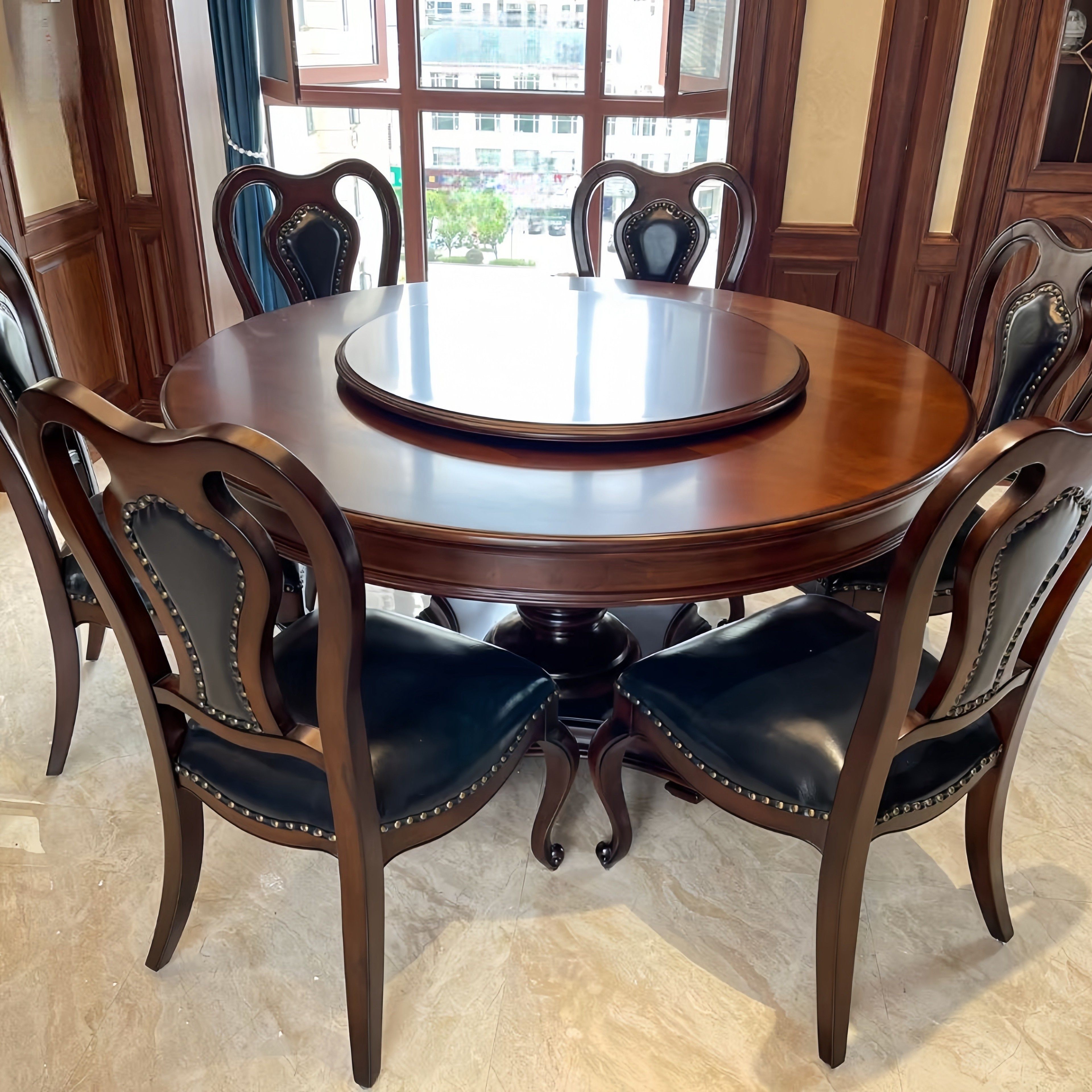 fd735美式圆餐桌1.35米全实木圆餐台桃花心木简美小美式带转盘