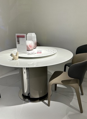 CZ028意式极简大理石微晶石圆餐桌1.35米圆餐台胡桃色带转盘餐桌