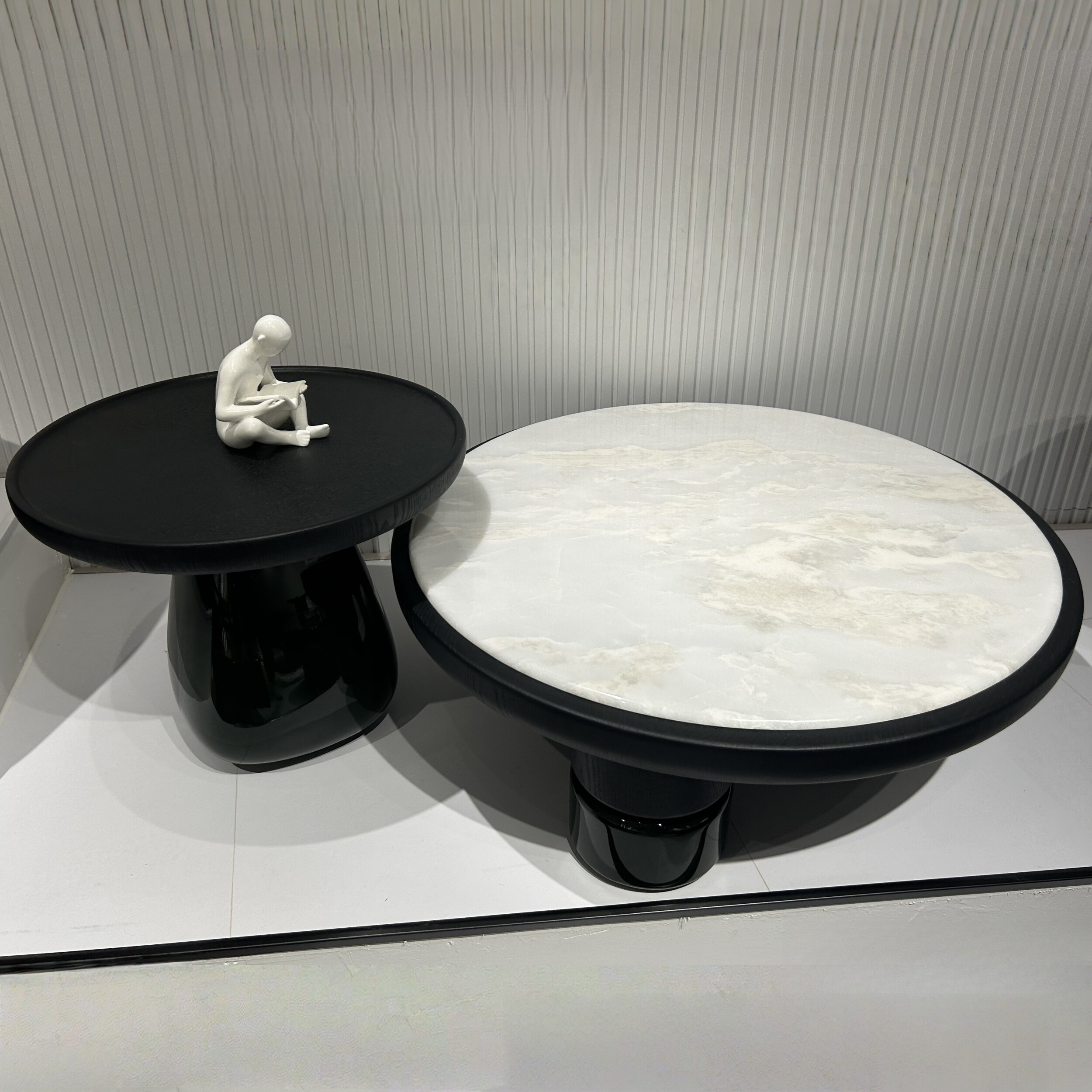 CJ596意式极简圆形组合茶几奢石微晶石茶几中古风极简黑色木纹