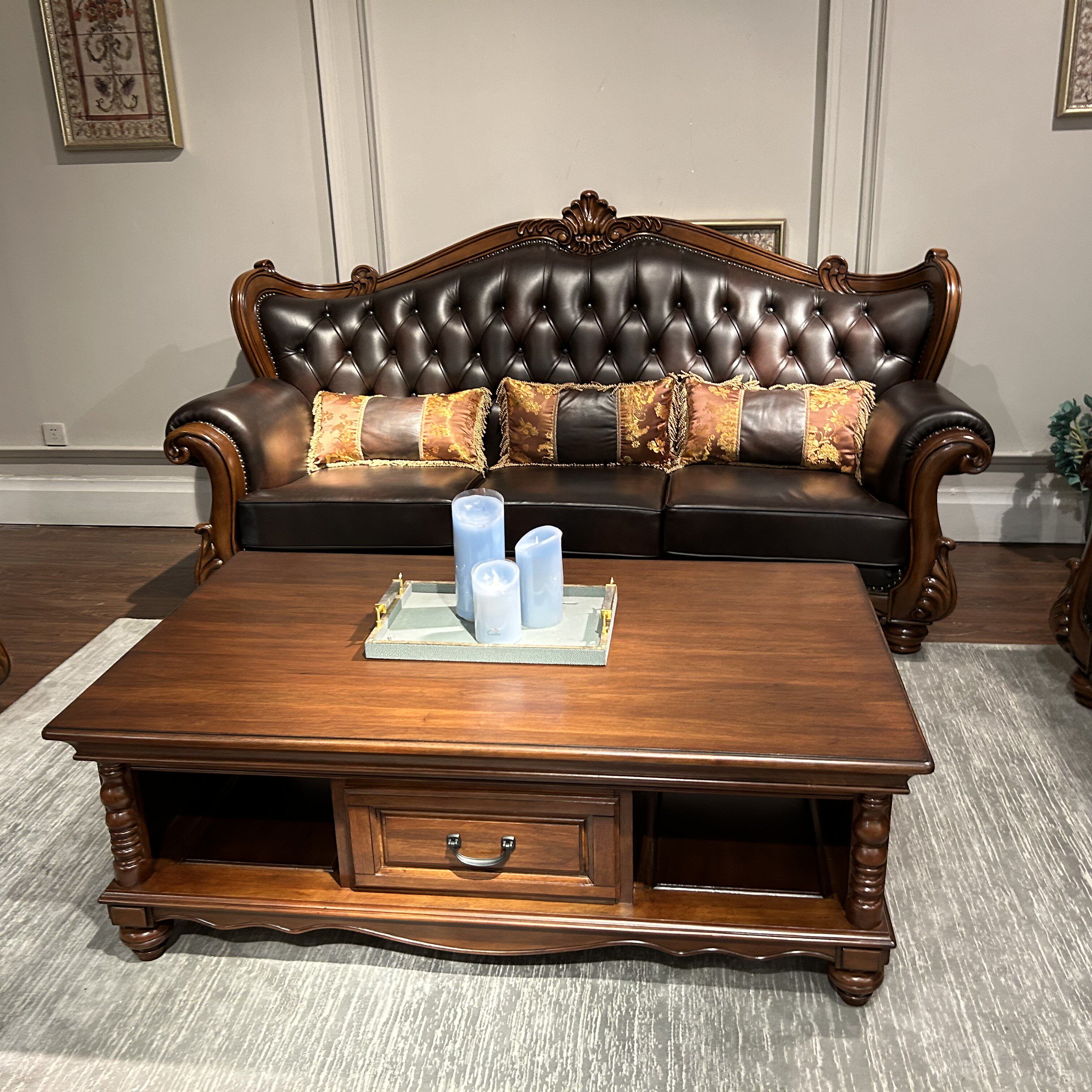 DB810美式真皮沙发美式古典客厅沙发全实木头层牛皮定制别墅沙发