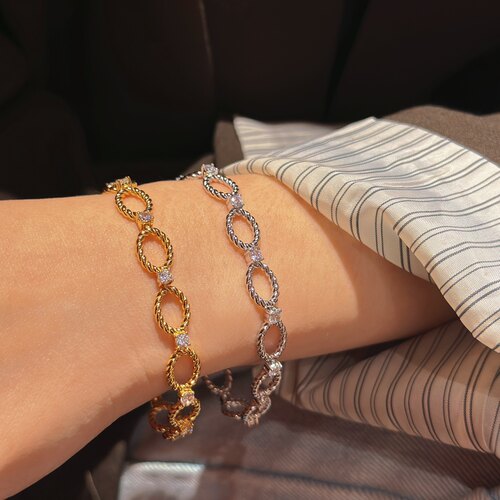 S925纯银意大利圆环麻花蛋形卡扣手链女精工镀18k金微镶