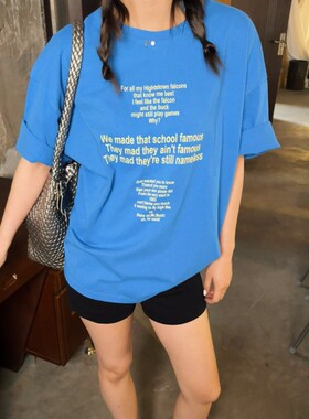 ACRAB 美式复古活力蓝色字母宽松慵懒短袖T恤夏季新款纯棉上衣女