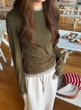 ACRAB 假两件绿色撞色软糯亲肤圆领长袖T恤秋季修身内搭打底上衣