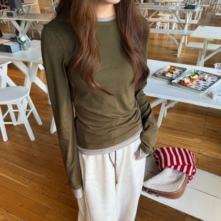 修身 T恤女秋季 内搭打底上衣 假两件绿色撞色长袖 ACRAB