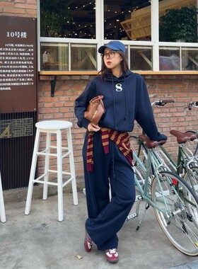 【9/22 New 】美式学院风蓝色宽松带帽卫衣+抽绳休闲运动裤套装女