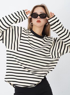 ACRAB 肯豆风美式秋季解构黑白条纹宽松长袖T恤 慵懒女装卫衣上衣