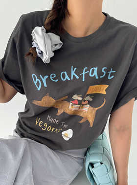 ACRAB 原创手绘卡通 美式复古宽松正肩纯棉新款短袖T恤女通勤上衣