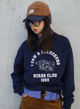 ACRAB 原创设计美式腊肠狗藏蓝色全棉长袖卫衣宽松圆领通勤上衣女