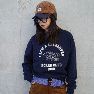 卫衣宽松圆领通勤上衣女 腊肠狗藏蓝色全棉长袖 ACRAB 原创设计美式