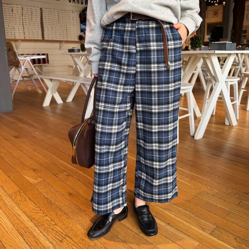 ACRAB 秋季英伦复古蓝色格纹毛呢九分阔腿高腰直筒裤休闲裤长裤女,女装/女士精品,休闲裤,淘宝优惠券,粉丝福利购,淘宝优惠卷
