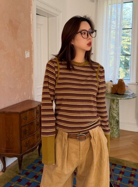 ACRAB 超舒服假两件设计感条纹拼接长袖miu系t恤打底内搭上衣