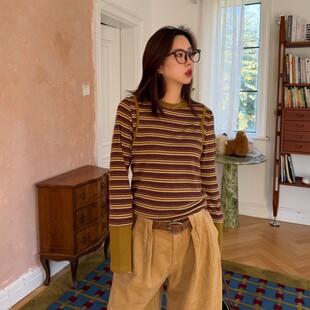 ACRAB miu系t恤打底内搭上衣 超舒服假两件设计感条纹拼接长袖