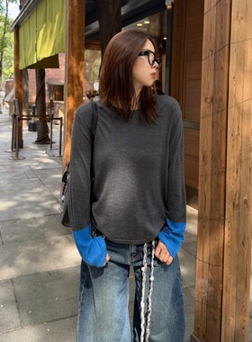 ACRAB 撞色拼接羊毛混纺针织打底衫女秋冬长袖T恤慵懒风内搭女