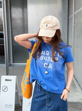 【3/23 New 】 美式复古做旧字母短袖T恤女蓝色宽松百搭上衣