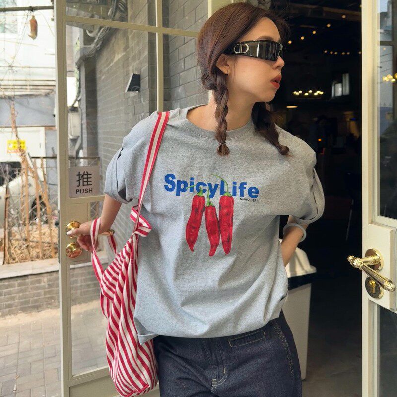 Acrab 辣椒生活 美式灰色纯棉短袖T恤夏季新款印花宽松复古上衣女
