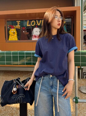 Acrab假两件feel美式翻边撞色短袖T恤女宽松复古深蓝色慵懒上衣女