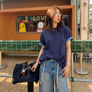 Acrab假两件feel美式 T恤女宽松复古深蓝色慵懒上衣女 翻边撞色短袖