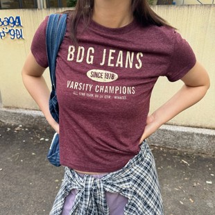 T恤修身 ACRAB 复古酒红色雪花棉弹力做旧短袖 美式 印花上衣 女装