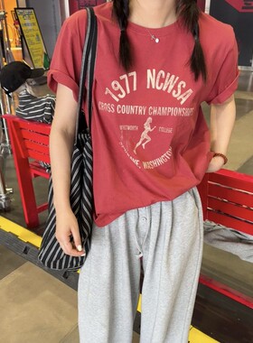 ACRAB 红色做旧美式复古宽松圆领短袖T恤夏季新款慵懒纯棉上衣女