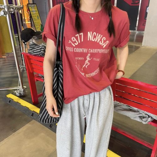 ACRAB红色做旧美式宽松短袖T恤