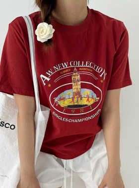 ACRAB 复古美式学院风 红色宽松夏季正肩圆领印花上衣短袖T恤女