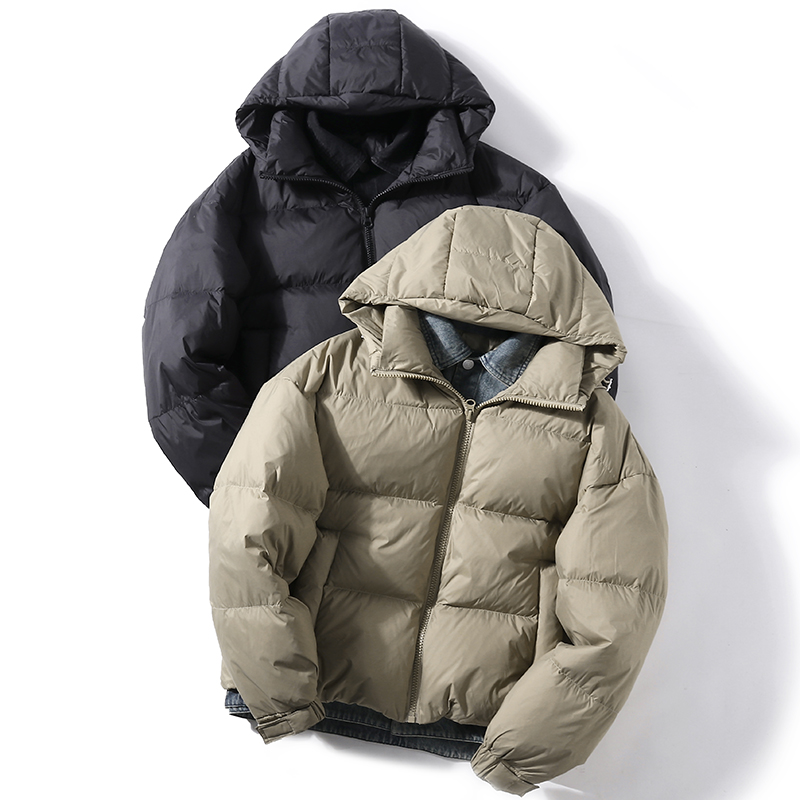 潮短款假两件牛仔拼接连帽羽绒服