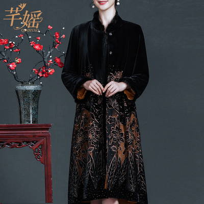 芊媱中老年女装新款大码妈妈装风衣重工刺绣中长款高贵金丝绒外套