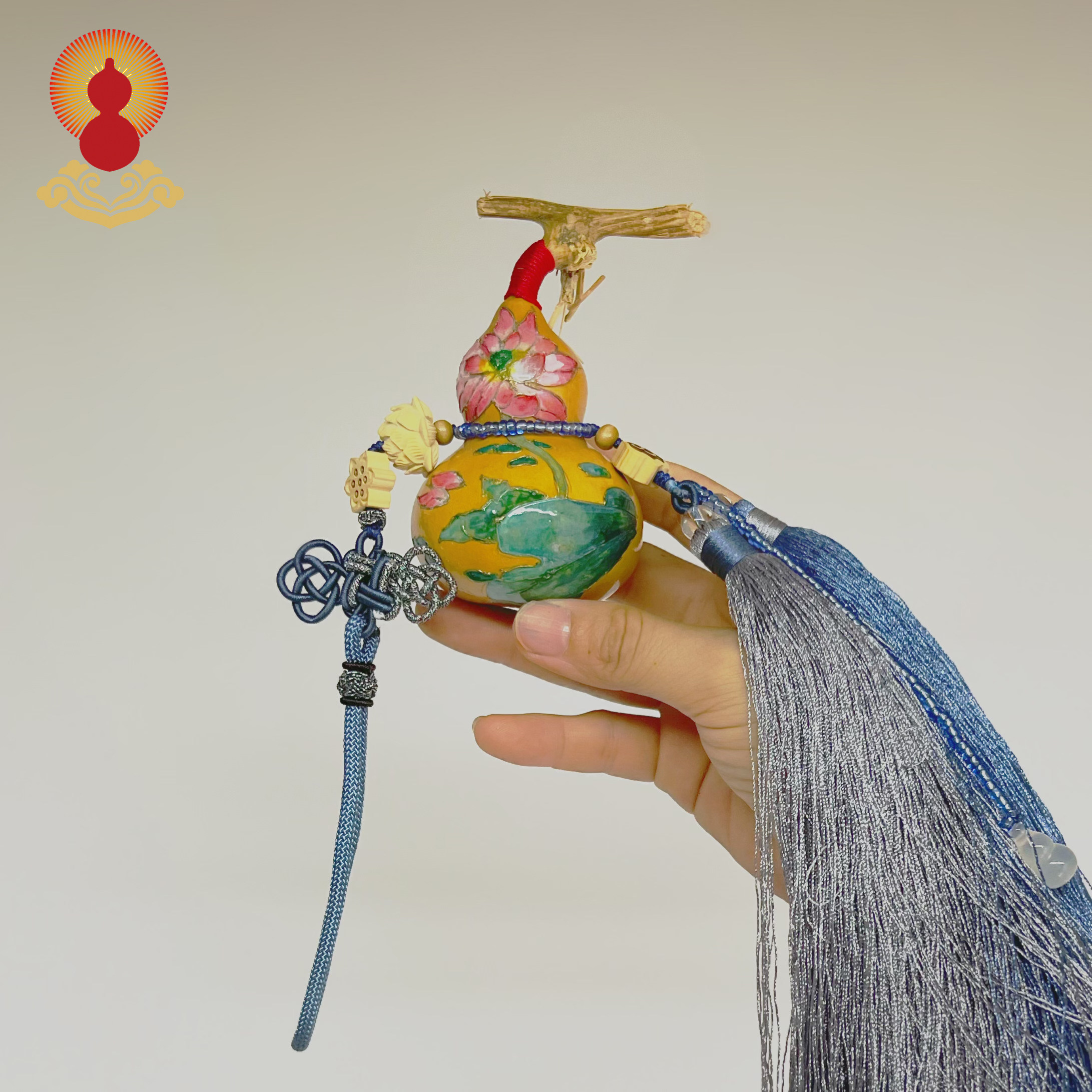 天然开口葫芦汽车挂件掐丝镶嵌工艺彩烙画荷花手绘礼品支持定制