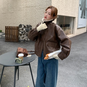 韩系巨好看复古咖色皮衣外套女冬2025新款加厚保暖羊羔毛夹克上衣图片
