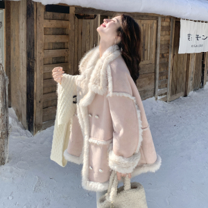 名媛小香风粉色仿皮草皮毛一体外套女冬季新款加厚保暖麂皮绒夹克图片