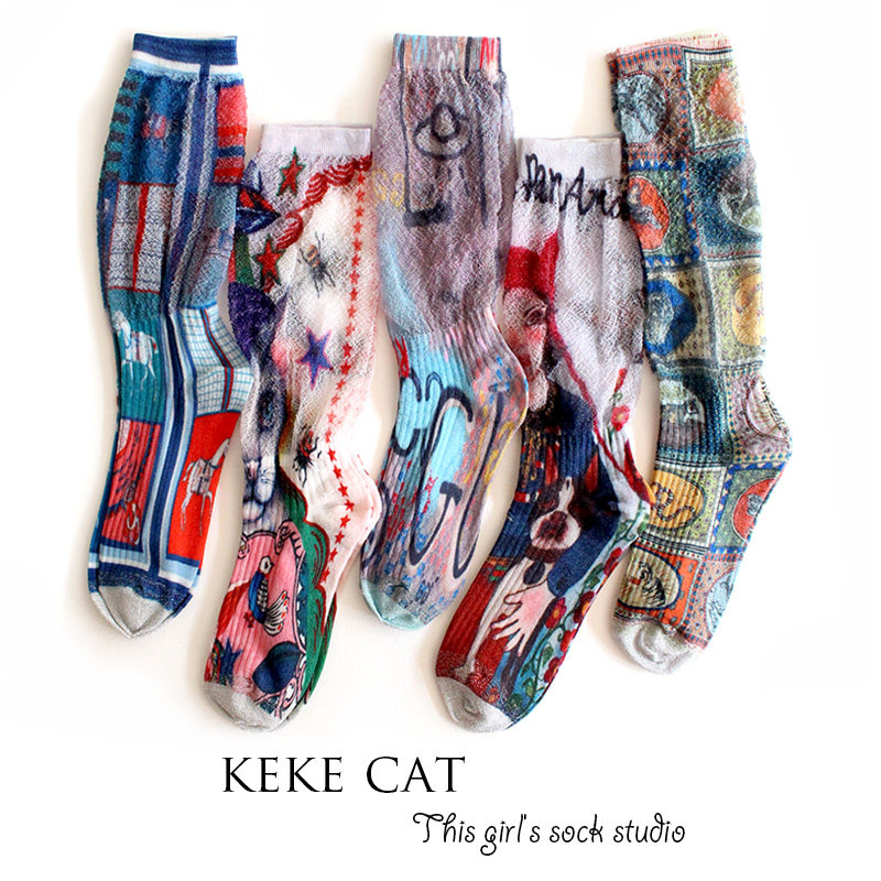 彩绘袜子女ins潮小腿袜3d印花涂鸦泡泡纱夏季薄款堆堆中筒袜长袜