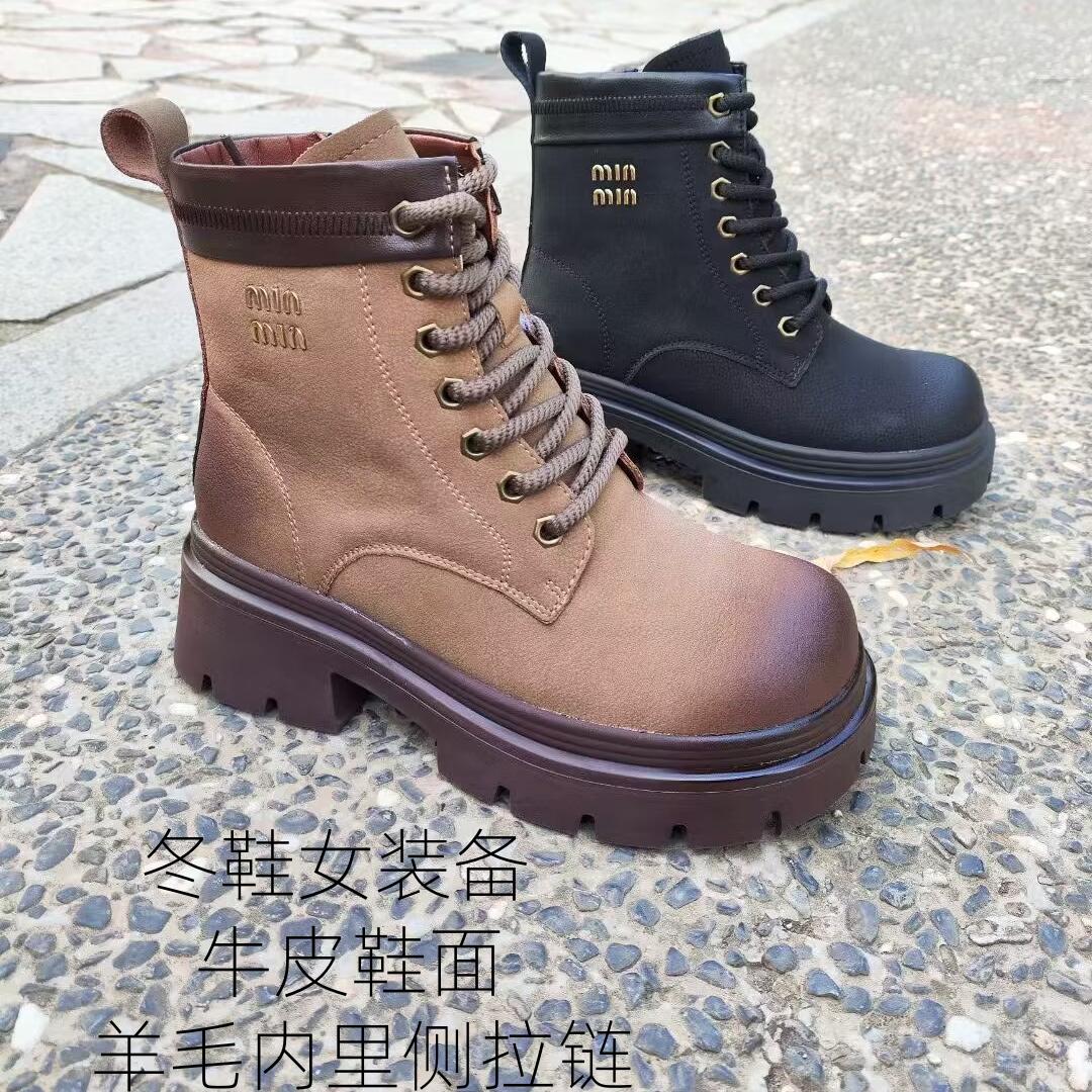 全牛皮真皮马丁靴女短靴加绒中跟加厚冬季羊毛棉鞋粗跟女靴子棉靴