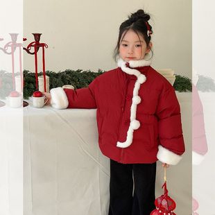 女童女宝宝红色新年保暖新中式棉衣外套可爱毛绒撞色拼接球球棉服