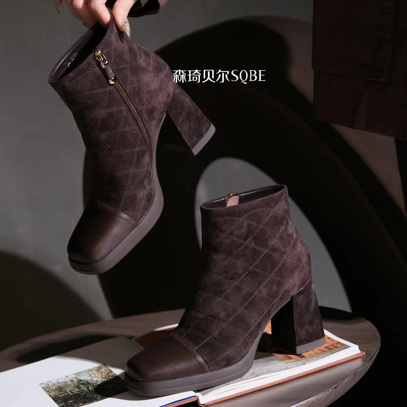 秋冬季防水台粗高跟时装靴复古