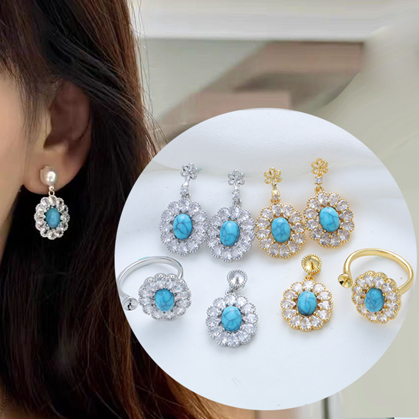 DIY珍珠配件轻奢气质蓝松石精致水滴锆石耳环吊坠戒指空托配件