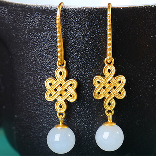 新款 古法传承金镶仿白玉圆珠耳环耳钩复古耳饰女 仿和田玉耳坠女款