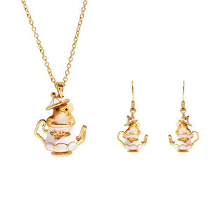 欧美创意可爱卡通茶杯花栗鼠耳环项链 手工滴胶生肖鼠吊坠套装女