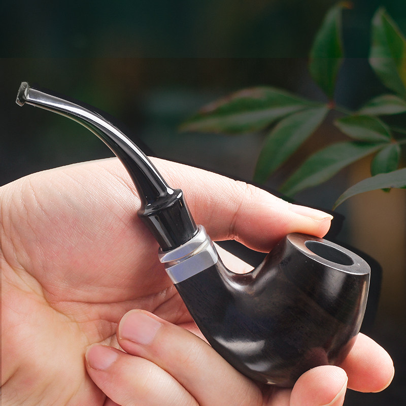 黑檀木烟斗老式斗弯式大烟斗便携式9mm活性炭滤芯烟丝专用可拆卸_虎窝淘