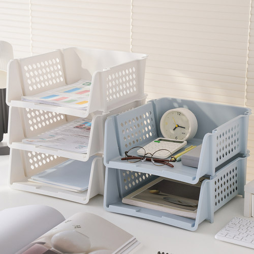 可叠加文件置物架文件夹收纳盒A4文件框桌面办公室多层办公桌上文件盘三层资料夹文档分类整理架子书本收纳架