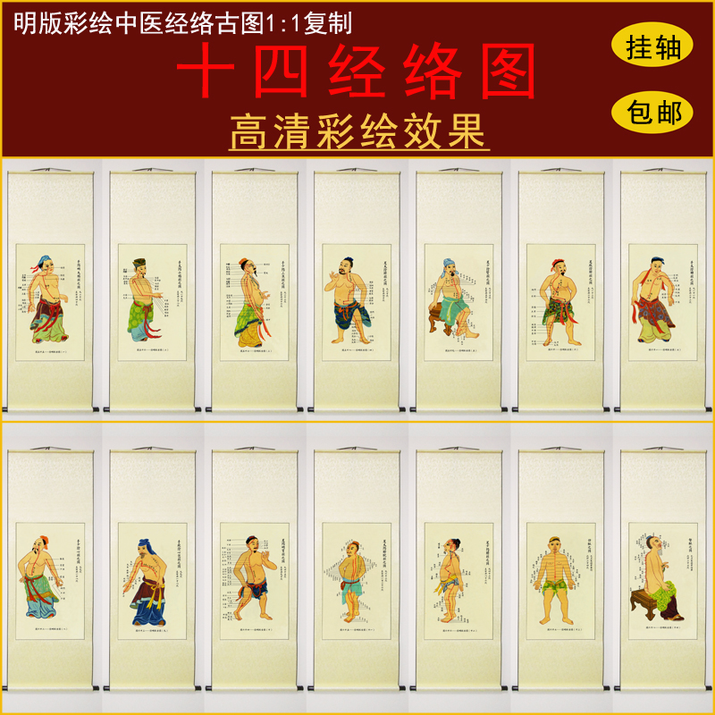 中医人体十二经络图穴位走向任督高清挂画理疗馆养生诊所药店卷轴