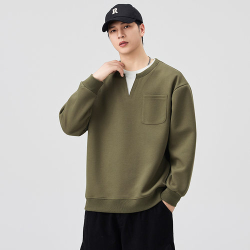 2026新款假两件长袖卫衣男款春秋宽松潮牌小V领休闲外套秋季