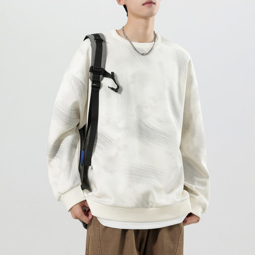 男士圆领卫衣小众设计休闲百搭不规则扎染印花假两件长袖男外套